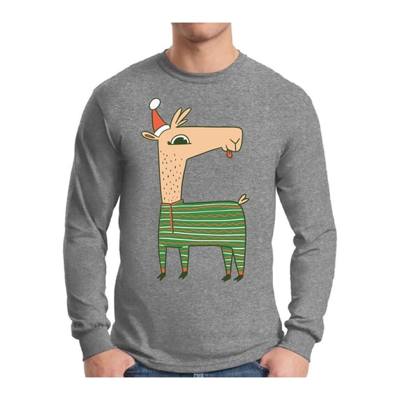 Awkward Styles Xmas Llama in Santa's Hat Funny Pattern Christmas Sweater Long Sleeve T-Shirt for Men