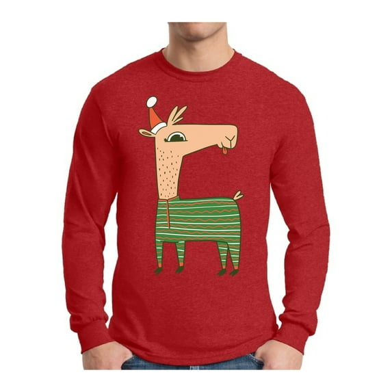 Awkward Styles Xmas Llama in Santa's Hat Funny Pattern Christmas Sweater Long Sleeve T-Shirt for Men