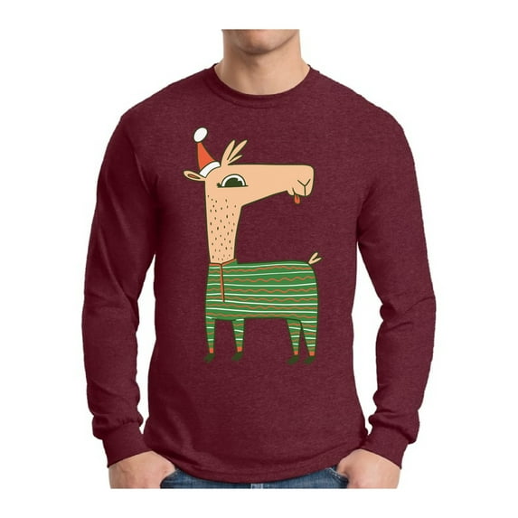 Awkward Styles Xmas Llama in Santa's Hat Funny Pattern Christmas Sweater Long Sleeve T-Shirt for Men