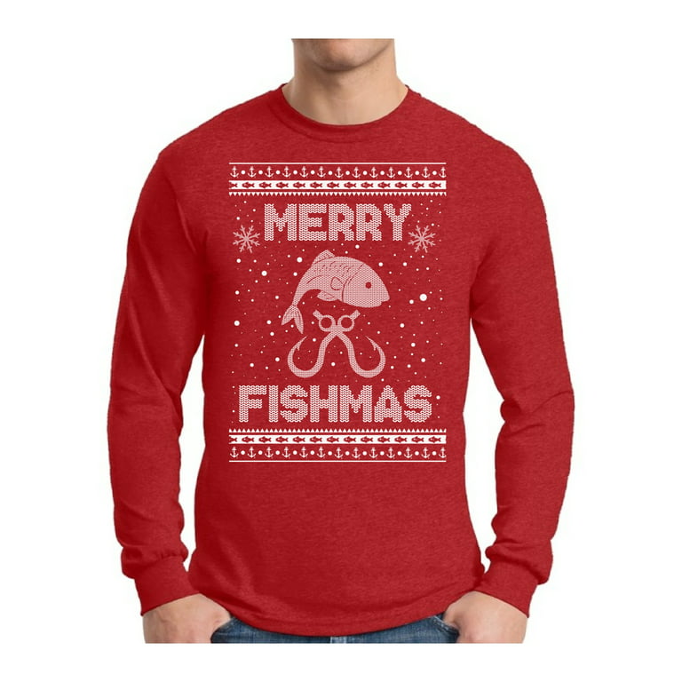 Awkward Styles Xmas Merry Fishmas Ugly Christmas Sweater Long Sleeve  T-shirt For Men