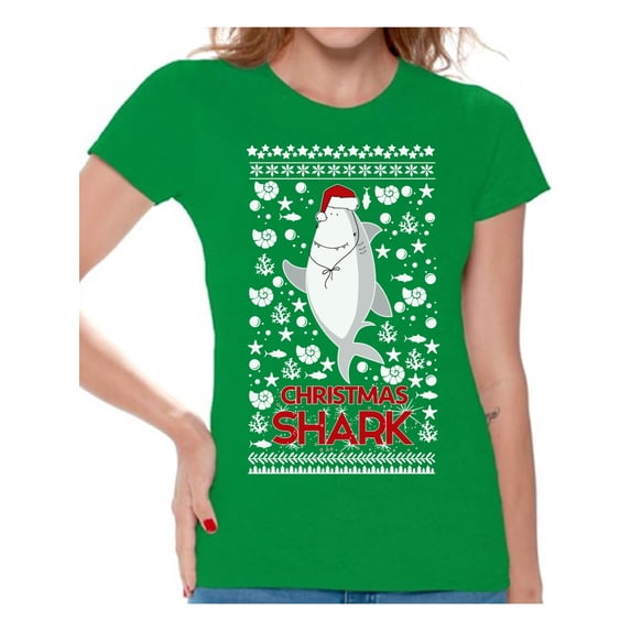 Awkward Styles Xmas Shirts for Women Christmas Shark in Hat T-Shirt