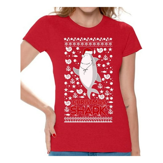 Awkward Styles Xmas Shirts for Women Christmas Shark in Hat T-Shirt