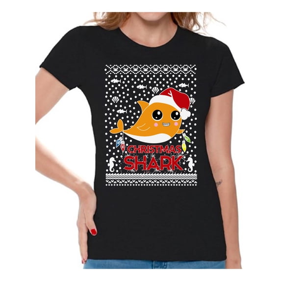 Awkward Styles Xmas Shirts for Women Christmas Smiling Shark T-Shirt