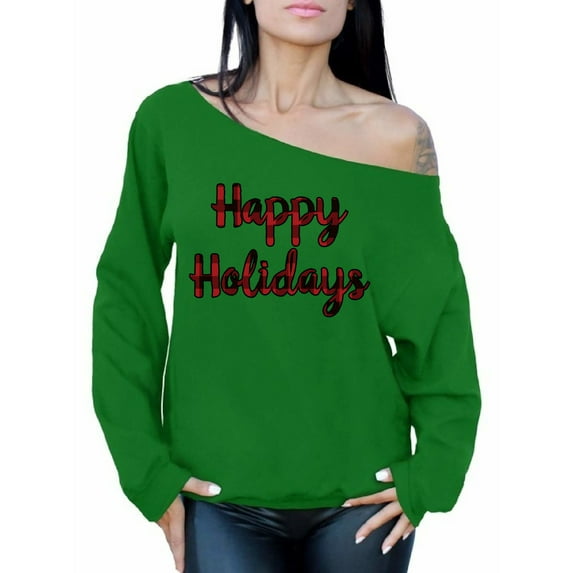 Awkward Styles Xmas Sweatshirt Off Shoulder Christmas Happy Holidays Plaid Sweater