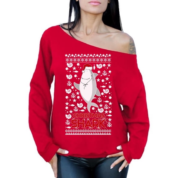Awkward Styles Xmas Sweatshirt Off Shoulder Christmas Shark in Hat Sweater