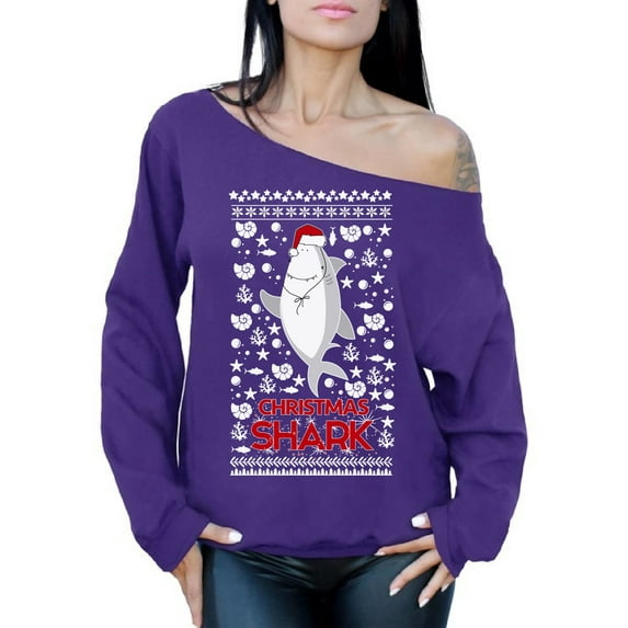 Awkward Styles Xmas Sweatshirt Off Shoulder Christmas Shark in Hat Sweater