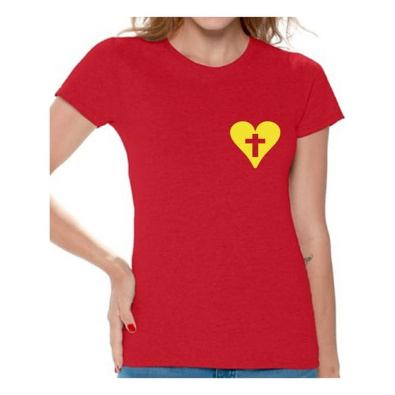 Awkward Styles Yellow Heart Cross Shirt for Women Christian Clothes for Ladies Following Jesus Womens T-Shirt Christian Gifts Jesus Shirts Jesus Cross Clothing Jesus T Shirt for Her Cross Ladies Shirt