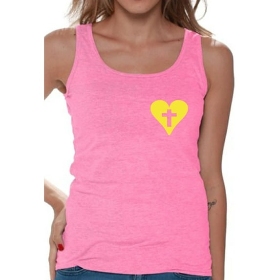 Awkward Styles Yellow Heart Tank Tops for Women Christian Clothes for Ladies Following Jesus Womens T-Shirt Christian Gifts Jesus Tank Top Jesus Clothing Jesus T Shirt for Her Cross Ladies Shirt
