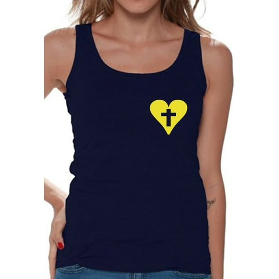 Awkward Styles Yellow Heart Tank Tops for Women Christian Clothes for Ladies Following Jesus Womens T-Shirt Christian Gifts Jesus Tank Top Jesus Clothing Jesus T Shirt for Her Cross Ladies Shirt