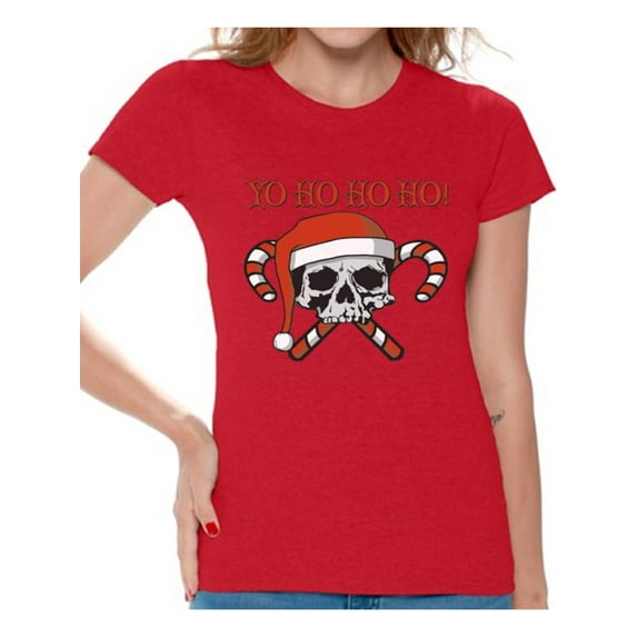 Awkward Styles Yo Ho Ho Ho Christmas Shirts for Women Skull and Crossbones Candy Canes Santa Christmas T-Shirt Women's Holiday Top Yo Ho Ho Ho Holiday Party Christmas Shirts Women's Tops
