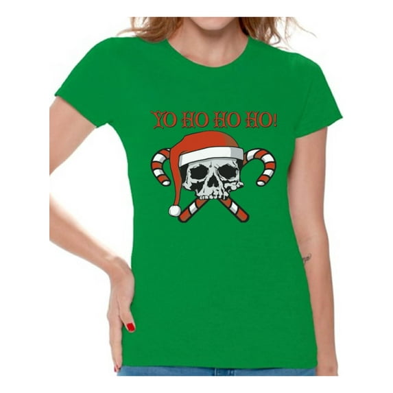 Awkward Styles Yo Ho Ho Ho Christmas Shirts for Women Skull and Crossbones Candy Canes Santa Christmas T-Shirt Women's Holiday Top Yo Ho Ho Ho Holiday Party Christmas Shirts Women's Tops