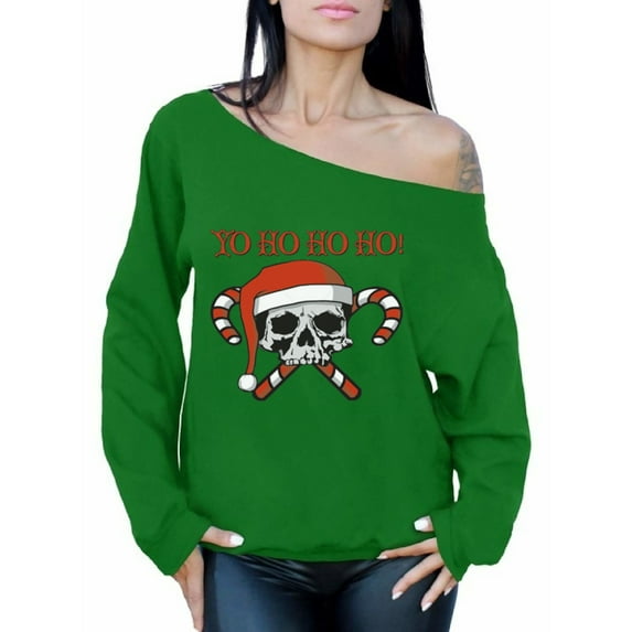 Awkward Styles Yo Ho Ho Ho Christmas Sweatshirt Off the Shoulder Sweatshirt Sweater Skull and Crossbones Candy Canes Santa Christmas Sweater Women's Slouchy Oversized Sweatshirt Off Shoulder Top