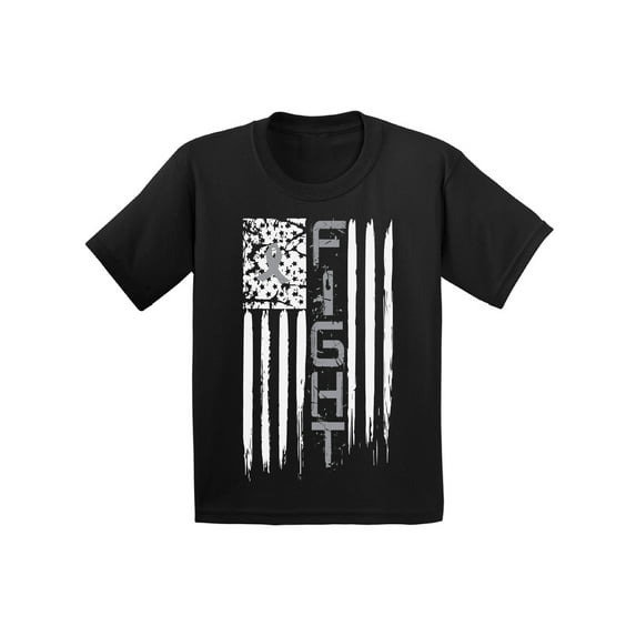 Awkward Styles Youth Brain Cancer Graphic Youth Kids T-shirt Tops Distressed American Flag Fight Gray Ribbon