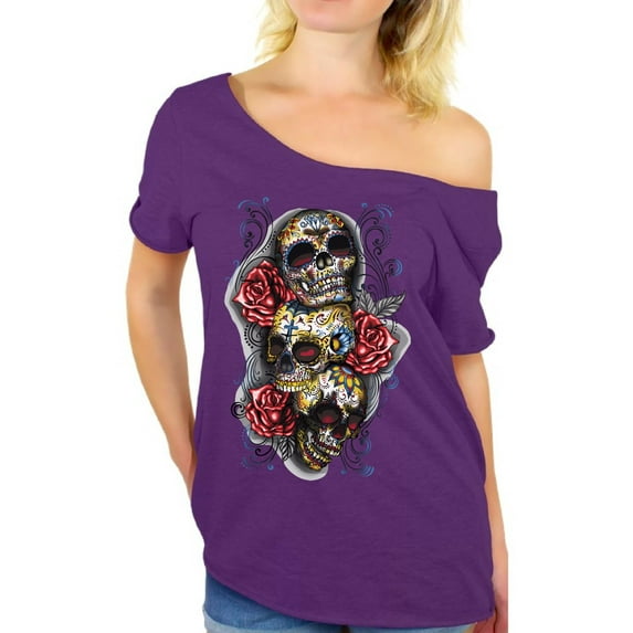 Awkward Styles off the shoulder top t-shirt skull shirts womens day of the dead costume t shirt dia de Los Muertos costume t shirt candy skull sugar skull costume t shirt skull for women Mexican
