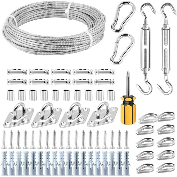 Awning Attachment Set with 20M 3mm Stainless Steel Cable, Sun Shade Sail Fixing Kit with 2 M5 Turnbuckles, Heavy Duty Shade Sail Hardware Kit for Garden Triangle, Patio Canopy Outdoor