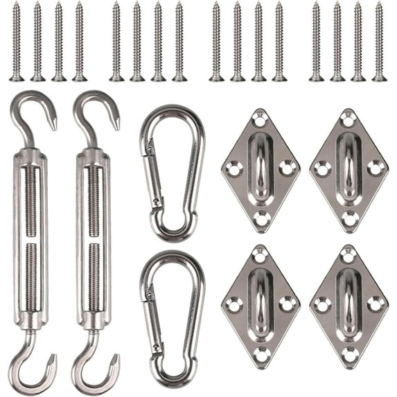 Awning Attachment Set, M5 Heavy Duty Sun Shade Sail Fixing Kit for Garden Triangle and Square, Rectangle, 24 Pcs 304 Stainless Steel Hardware Kit Sun Shade Sail Fixing Accessories
