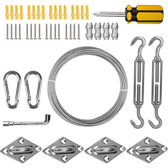 Awning Attachment Set, M5 Heavy Duty Sun Shade Sail Fixing Kit for Garden Triangle and Square, Rectangle, 47 Pcs 304 Stainless Steel Hardware Kit Sun Shade Sail Fixing Accessories