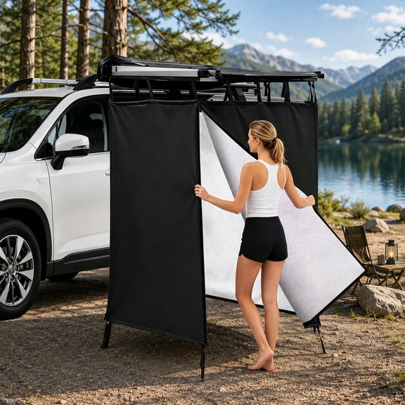 Car Side Awning Shower Tent, Waterproof Portable Privacy Shelter for Shower, Toilet and Changing, Fits SUV, RV, Van and Truck, Black