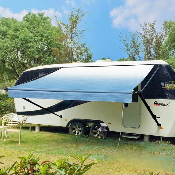 Awnlux Black Manual Modular Retractable RV Awning Full Set Assemblies for RV, 5th Wheel, Travel Trailers, Toy Haulers, and Motorhome - RV Trailer Awning for Home or Camper - 11x8 Ft - Ocean Blue