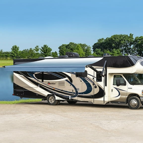 Awnlux Black Motorized Modular Retractable RV Awning Full Set Assemblies for RV, 5th Wheel, Travel Trailers, Toy Haulers, and Motorhome - Electric RV Awning- 16x8 Ft - Ocean Blue
