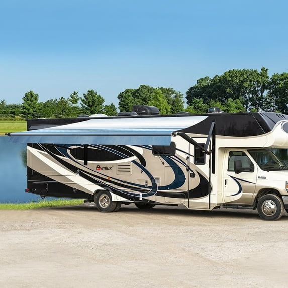 Awnlux Black Motorized Modular Retractable RV Awning Full Set Assemblies for RV, 5th Wheel, Travel Trailers, Toy Haulers, and Motorhome - Electric RV Awning- 18x8 Ft - Blue Strip