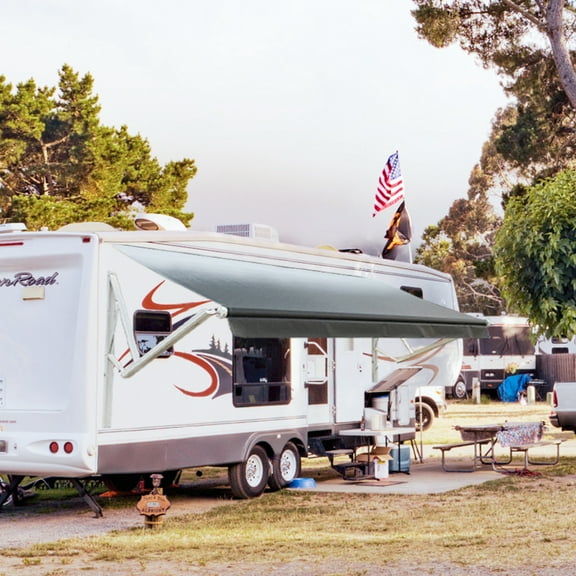 Awnlux White Motorized Modular Retractable RV Awning Full Set Assemblies for RV, 5th Wheel, Travel Trailers, Toy Haulers, and Motorhome - Electric RV Awning- 14x8 Ft - Black Fade
