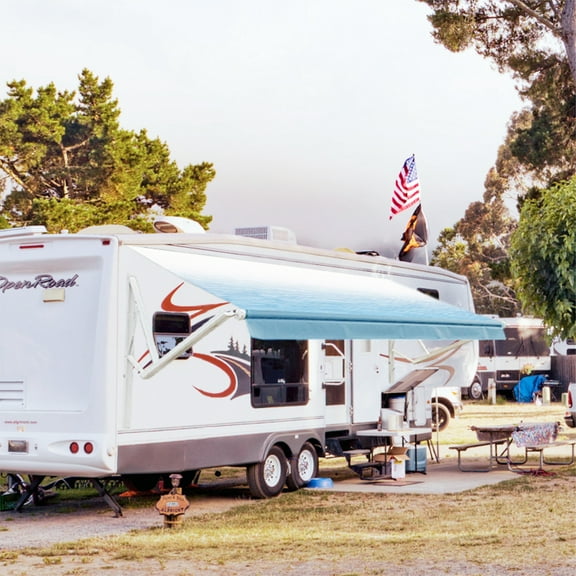 Awnlux White Motorized Modular Retractable RV Awning Full Set Assemblies for RV, 5th Wheel, Travel Trailers, Toy Haulers, and Motorhome - Electric RV Awning- 18x8 Ft - Ocean Blue