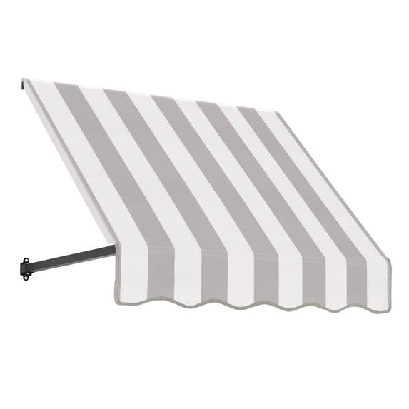Awntech 3.38 Ft Dallas Retro Straight Slope Fixed Awning with Anodized Arms (40.5in x 18in x 24in), Gray/White Stripe