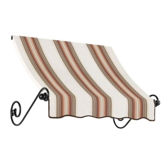 Awntech 4.38 Ft Charleston Sloped Fixed Awning with Scrolled Iron Arms (52.5in x 24in x 36in), Brown/Tan/Terracotta Multi