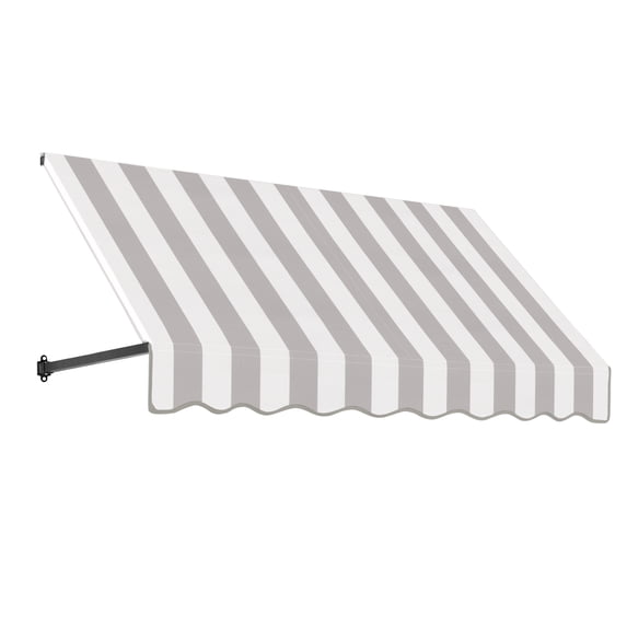 Awntech 6.38 Ft Dallas Retro Straight Slope Fixed Awning with Anodized Arms (76.5in x 16in x 30in), Gray/White Stripe
