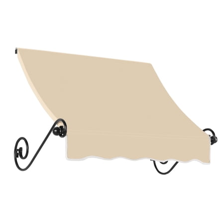 Awntech 4.38 Ft Charleston Sloped Fixed Awning with Scrolled Iron Arms (52.5in x 24in x 24in), Tan