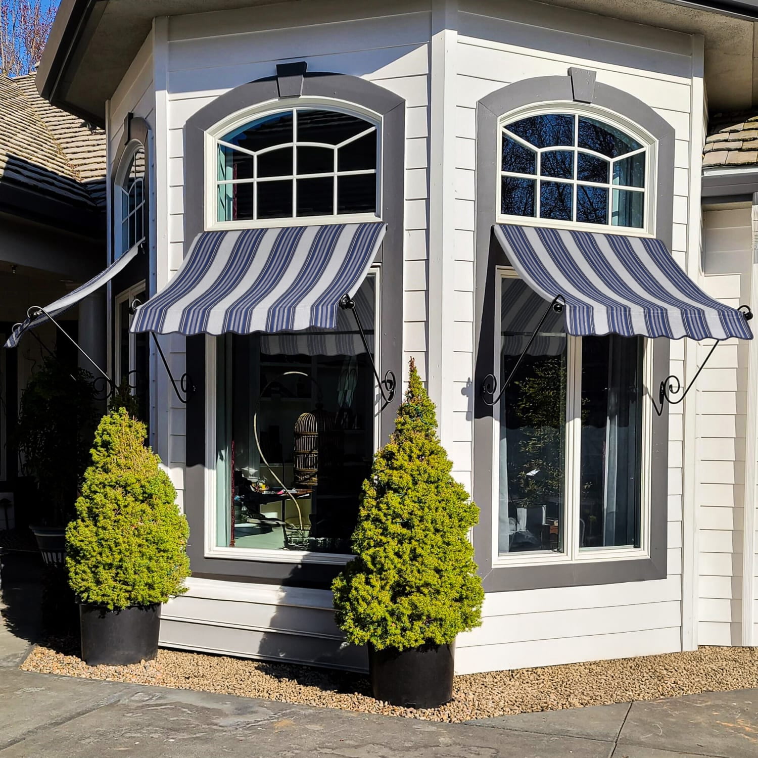 Awntech Charleston Fixed Awning, 64.5For x 36For x 36For, Navy/Gray/White Multi