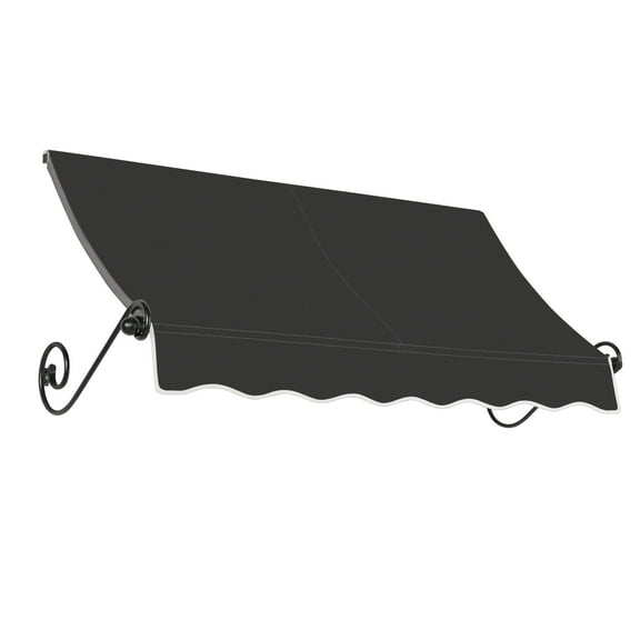 Awntech 6.38 Ft Charleston Sloped Fixed Awning with Scrolled Iron Arms (76.5in x 36in x 36in), Black
