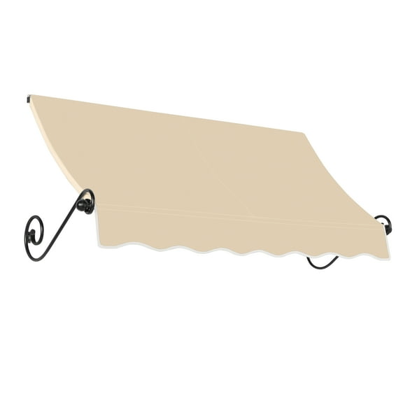 Awntech 5.38 Ft Charleston Sloped Fixed Awning with Scrolled Iron Arms (64.5in x 18in x 36in), Tan