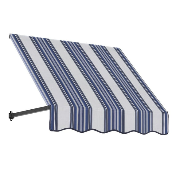 Awntech 4.38 Ft Dallas Retro Straight Slope Fixed Awning with Anodized Arms (52.5in x 31in x 24in), Navy/Gray/White Multi