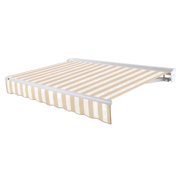 Awntech 16 Ft Destin Left Motorized Heavy Duty Patio Retractable Awning with Protective Hood (192in x 10.38in x 120in), Linen/White Stripe