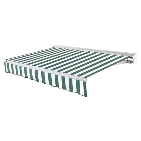 Awntech 8 Ft Destin Left Motorized Heavy Duty Patio Retractable Awning with Protective Hood (96in x 10.38in x 78in), Forest/White Stripe