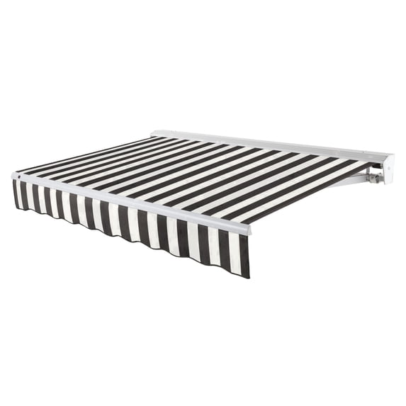 Awntech 16 Ft Destin Left Motorized Heavy Duty Patio Retractable Awning with Protective Hood (192in x 10.38in x 120in), Black/White Stripe