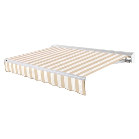 Awntech 8 Ft Destin Left Motorized Heavy Duty Patio Retractable Awning with Protective Hood (96in x 10.38in x 78in), Linen/White Stripe