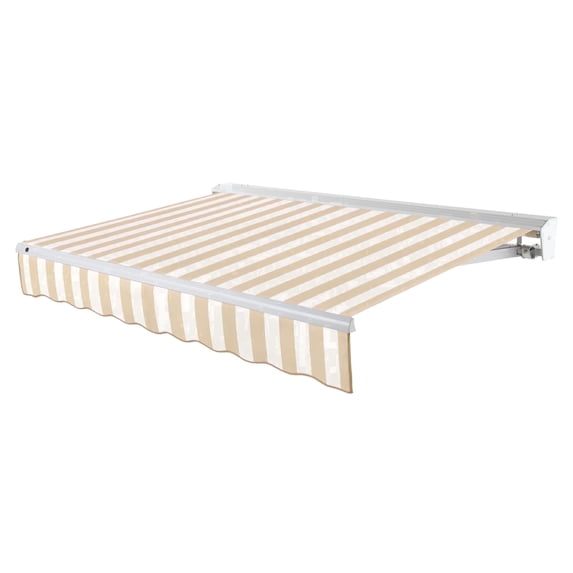 Awntech 18 Ft Destin Left Motorized Heavy Duty Patio Retractable Awning with Protective Hood (216in x 10.38in x 120in), Linen/White Stripe