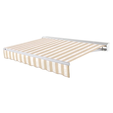 Awntech 20 Ft Destin Left Motorized Heavy Duty Patio Retractable Awning with Protective Hood (240in x 10.38in x 120in), Linen/White Stripe