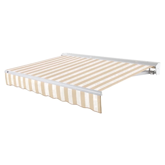 Awntech 12 Ft Destin Left Motorized Heavy Duty Patio Retractable Awning with Protective Hood (144in x 10.38in x 120in), Linen/White Stripe