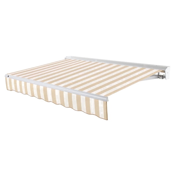 Awntech 16 Ft Destin Left Motorized Heavy Duty Patio Retractable Awning with Protective Hood (192in x 10.38in x 120in), Linen/White Stripe
