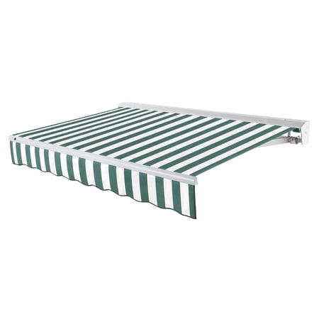 Awntech 14 Ft Destin Left Motorized Heavy Duty Patio Retractable Awning with Protective Hood (168in x 10.38in x 120in), Forest/White Stripe