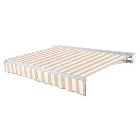 Awntech 12 Ft Destin Left Motorized Heavy Duty Patio Retractable Awning with Protective Hood (144in x 10.38in x 120in), Linen/White Stripe