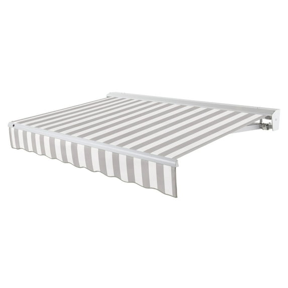 Awntech 12 Ft Destin Left Motorized Heavy Duty Patio Retractable Awning with Protective Hood (144in x 10.38in x 120in), Gray/White Stripe