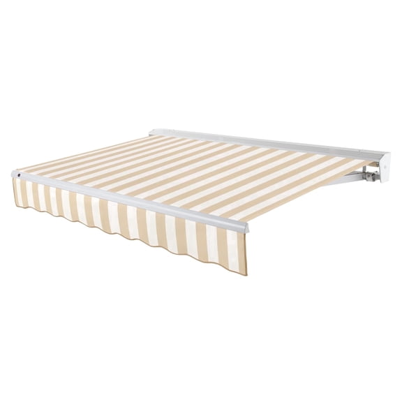 Awntech 16 Ft Destin Left Motorized Heavy Duty Patio Retractable Awning with Protective Hood (192in x 10.38in x 120in), Linen/White Stripe