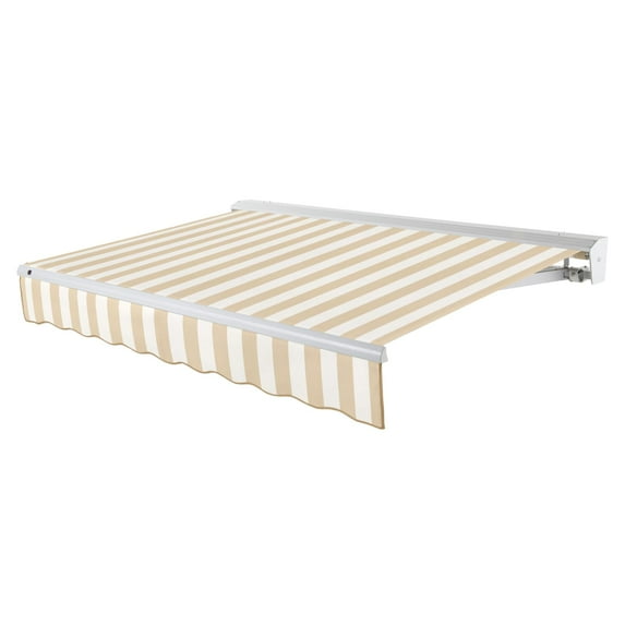 Awntech 14 Ft Destin Left Motorized Heavy Duty Patio Retractable Awning with Protective Hood (168in x 10.38in x 120in), Linen/White Stripe