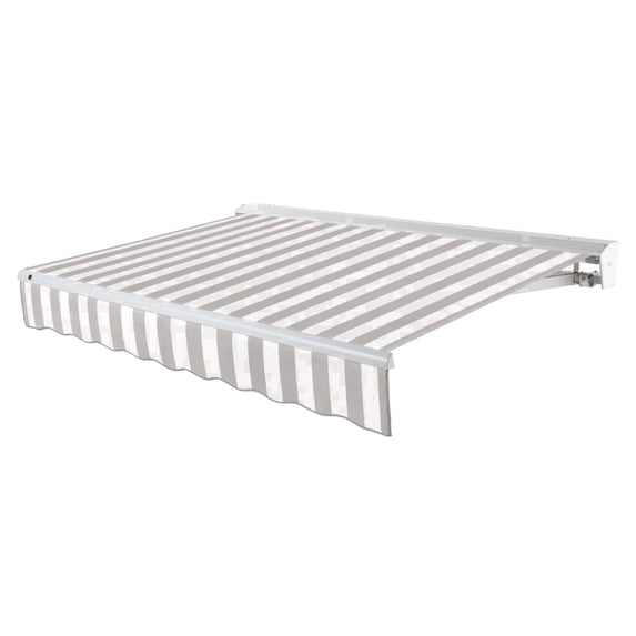 Awntech 12 Ft Destin Left Motorized Heavy Duty Patio Retractable Awning with Protective Hood (144in x 10.38in x 120in), Gray/White Stripe