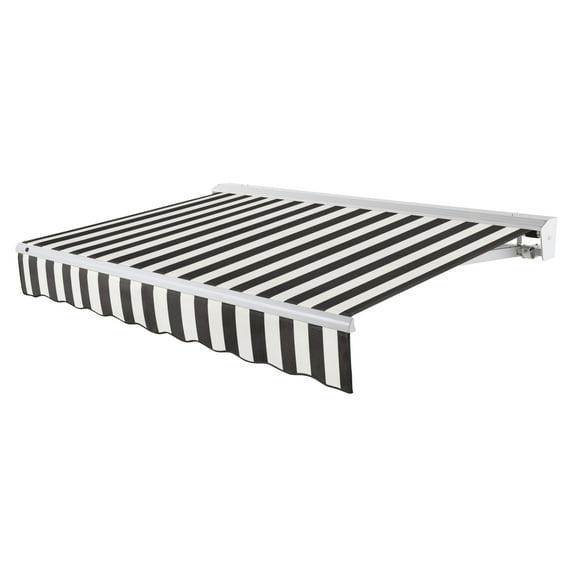 Awntech 16 Ft Destin Left Motorized Heavy Duty Patio Retractable Awning with Protective Hood (192in x 10.38in x 120in), Black/White Stripe